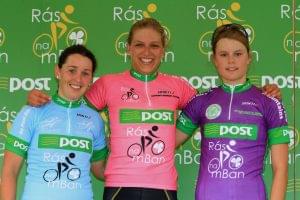 2012 Rás na mBan Stage 1 race leader Femke Van Kessel flanked by County Jersey leader Fiona Meade and Amalie Diderickson